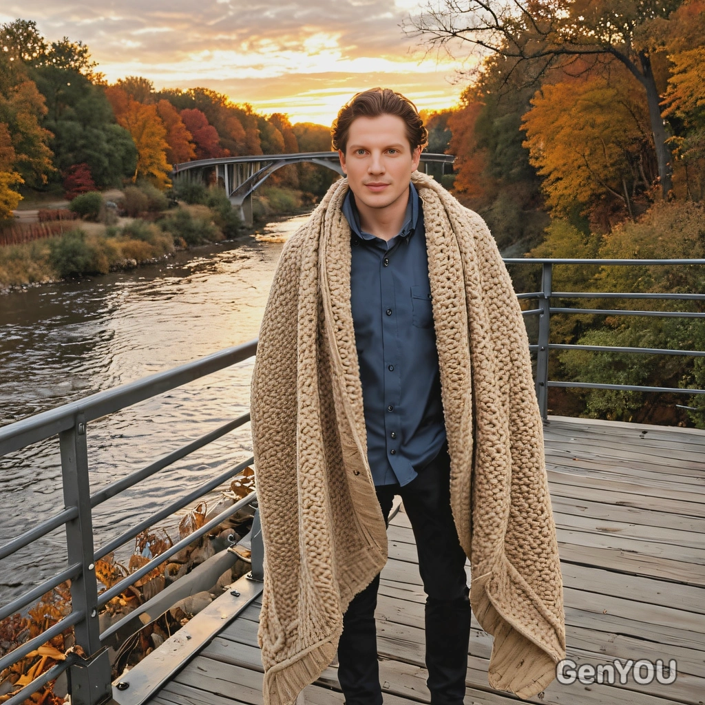 standing on a bridge over a river, wrapped in a cozy blanket, sunset on a crisp autumn day