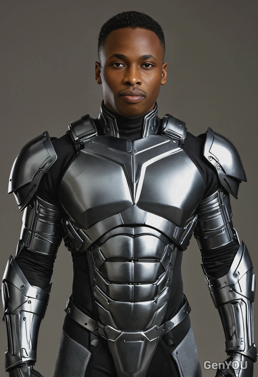 with a suit of armor with advanced technology, superhero style