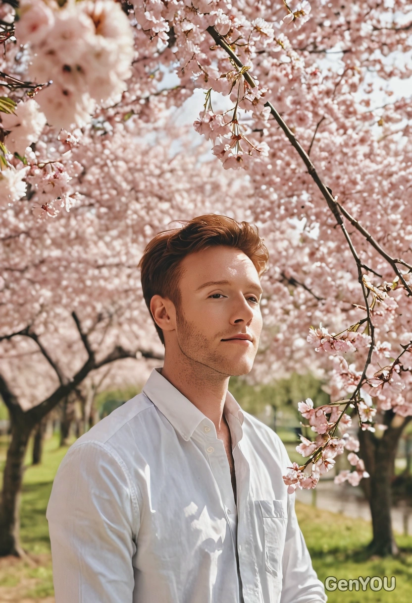 A man gently leaning to cherry blossoms tree in warm, soft light.