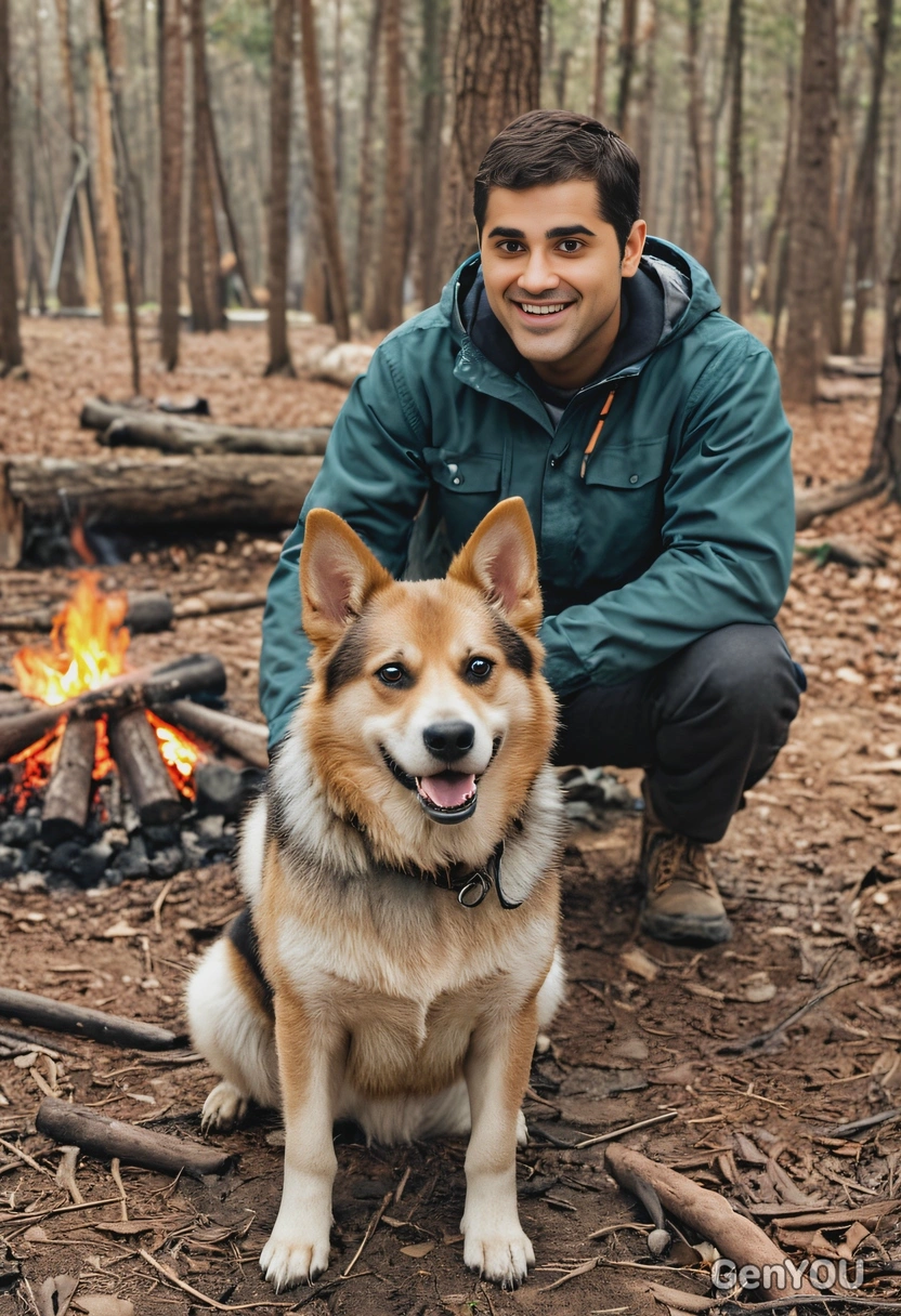 in the woods, by the campfire with a dog, soft focus 