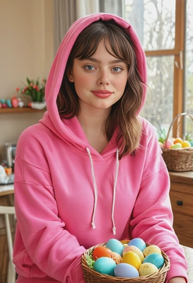 in a bright pink oversized hoodie posing by a table filled with Easter baskets and colorful eggs. Sharp skin texture, natural lighting, blurred background