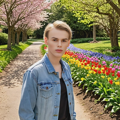 wearing a light denim jacket and sneakers, standing along a path lined with colorful spring flowers, sunlight filtering through the trees, half body portrait 