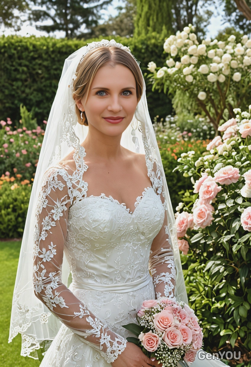 as the bride in a stunning lace wedding gown, with a delicate veil and floral bouquet, standing gracefully in a classic garden setting