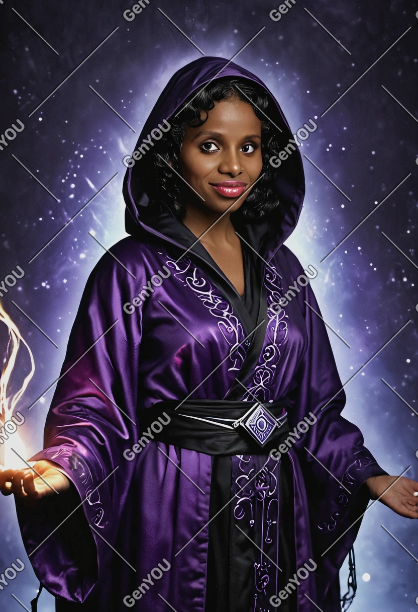 As a sorceress, in a deep purple robe with glowing magical symbols, standing in the dark