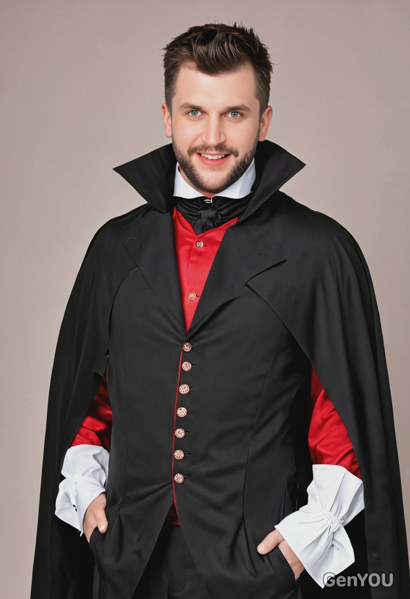 dressed as Drakula in a black high-collared cape, crisp white shirt, red vest, piercing eyes and pale complexion, slicked-back hair, full body image
