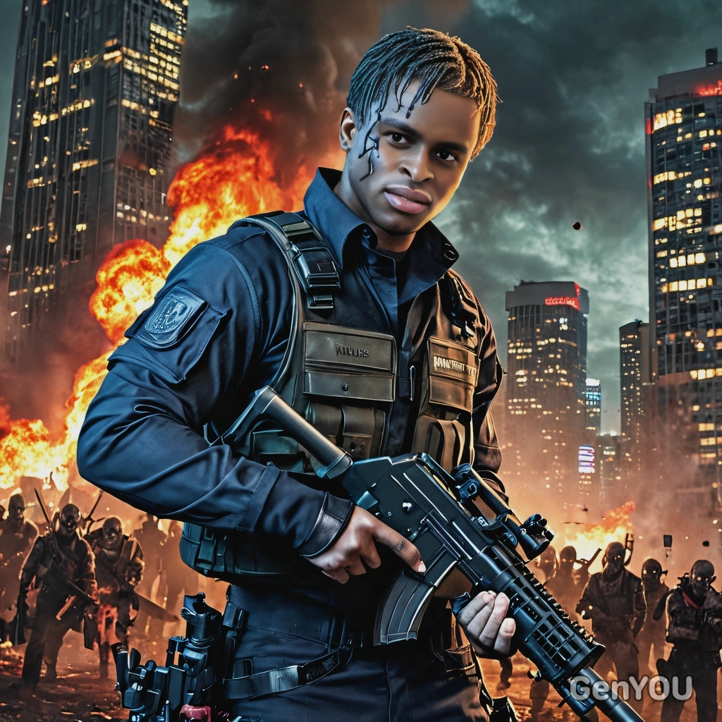 as a cosplayer of Resident Evil, short hair, rifle in hands, surrounded by very many zombies, night, burning skyscrapers, vivid colors, high-quality cinematographic style