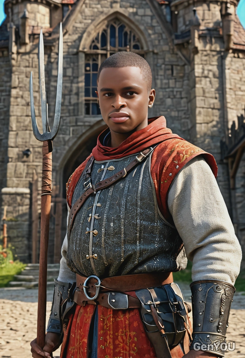 as medieval battle peasant, with pitchfork, in front of wooden castle, close-up shot, looking at you, vivid colors, symmetrical clothing details, 3D video game style, high-quality stylized art