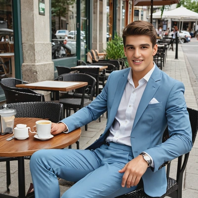 in a stylish summer suit sitting at table at a sidewalk cafe, coffee cup on table