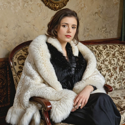 seated on a velvet chair, wearing a vintage fur stole in an old-world living room
