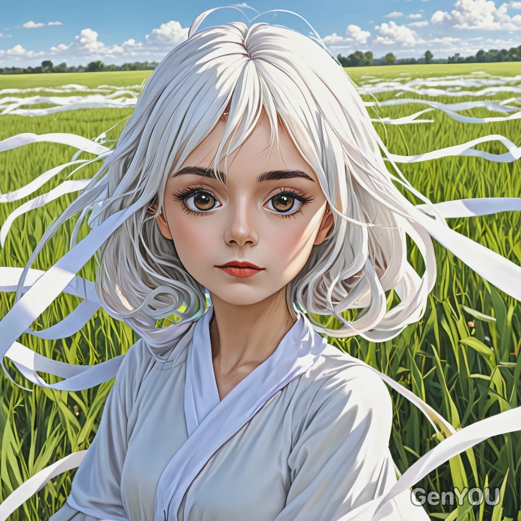 in an open field with flowing ribbons, anime style, big eyes, manga drawing