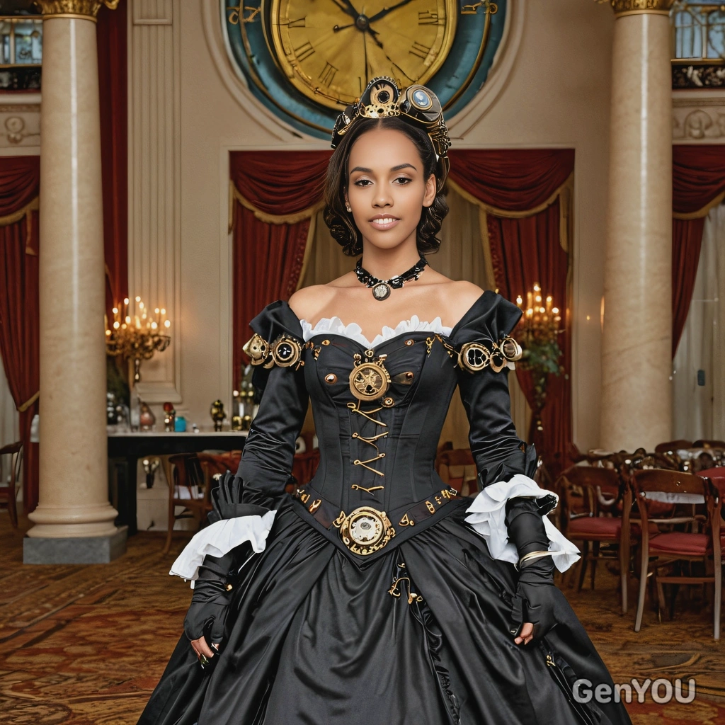 as a Steampunk noblewoman, wearing a voluminous gown with gears sewn into the fabric, standing by a grand, clock-filled ballroom