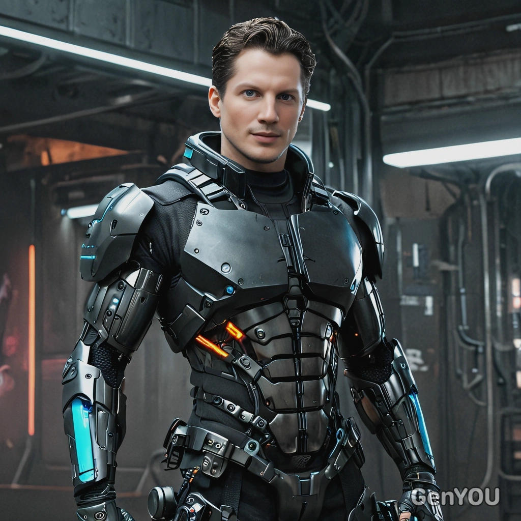 A futuristic cyberpunk bodyguard with a cybernetic arms