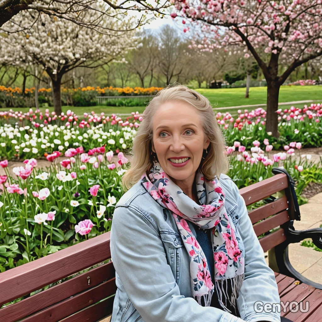wearing a casual jacket and scarf, sitting on a park bench surrounded by blooming flowers, with a warm spring breeze in the air