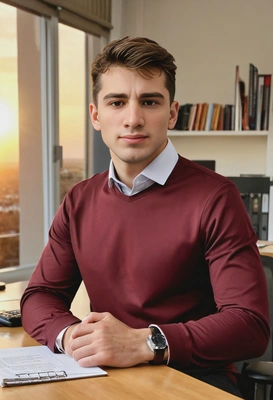 burgundy long sleeve, sitting at the office desk, looking to the left, blurry open-space office background, sharp high-quality, sunset lighting