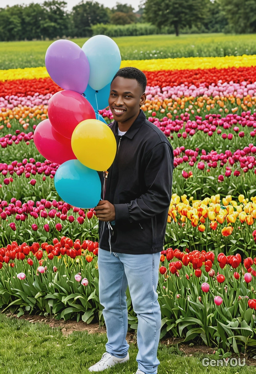 holding a bunch of colorful balloons, standing in front of a blooming flower field