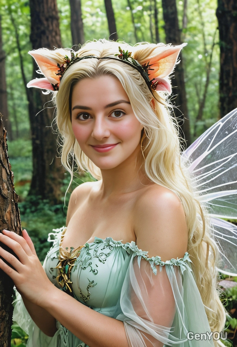 as a magical fairy creature with blond hair in a mystical forest