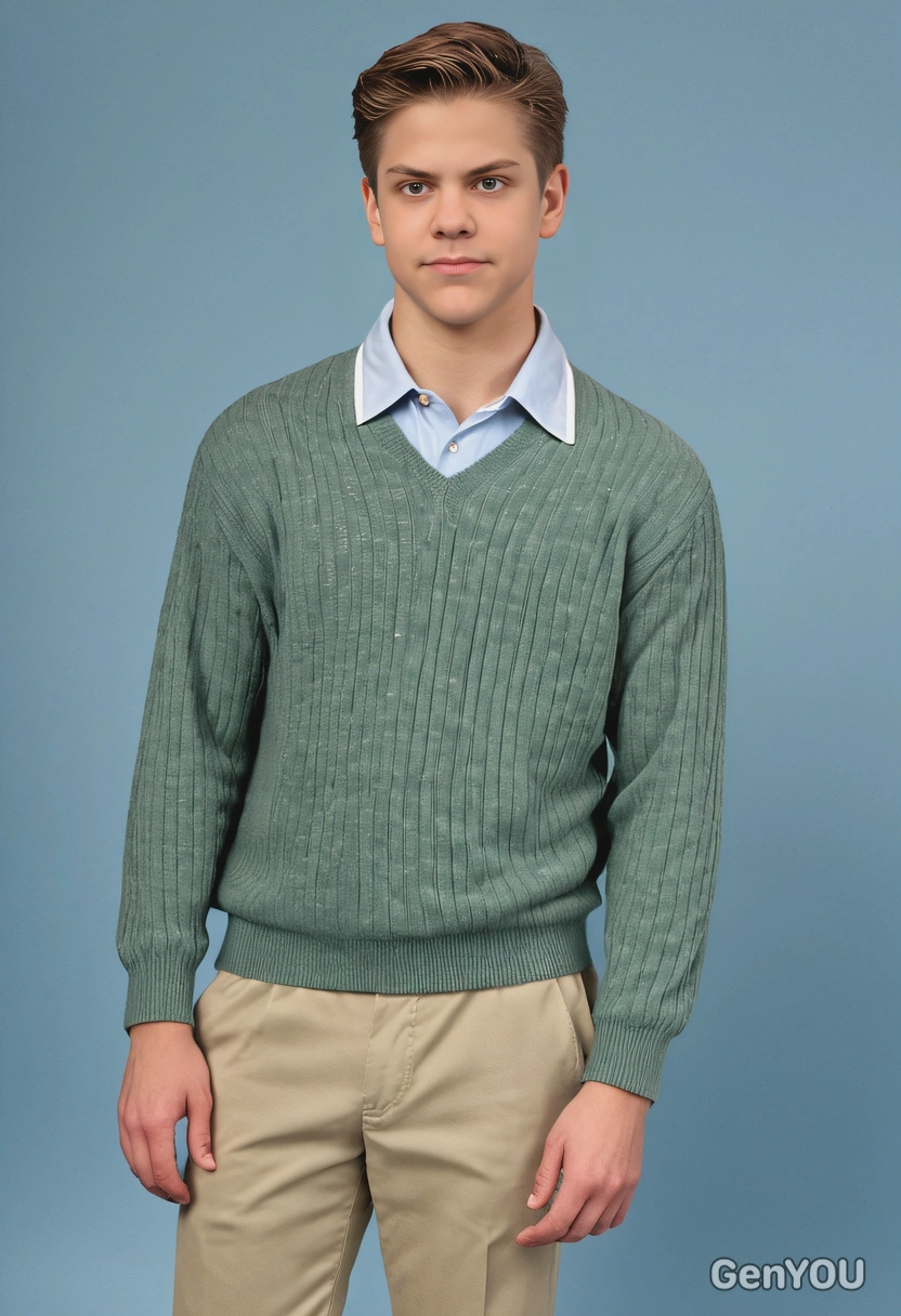 as an 80s prep student, wearing a pastel polo shirt with a popped collar, cable knit sweater tied around shoulders, khaki pants, and boat shoes, standing in front of a typical yearbook blue background