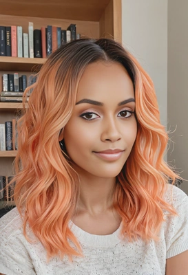 mid-length, layered waves dyed in pastel orange and light coral balayage, styled with loose texture, set in a cozy reading nook