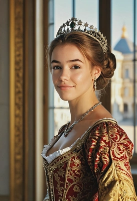 16th century, upper-class lady, attending a ball, blurry europian palace background, sun rays from the huge palace window