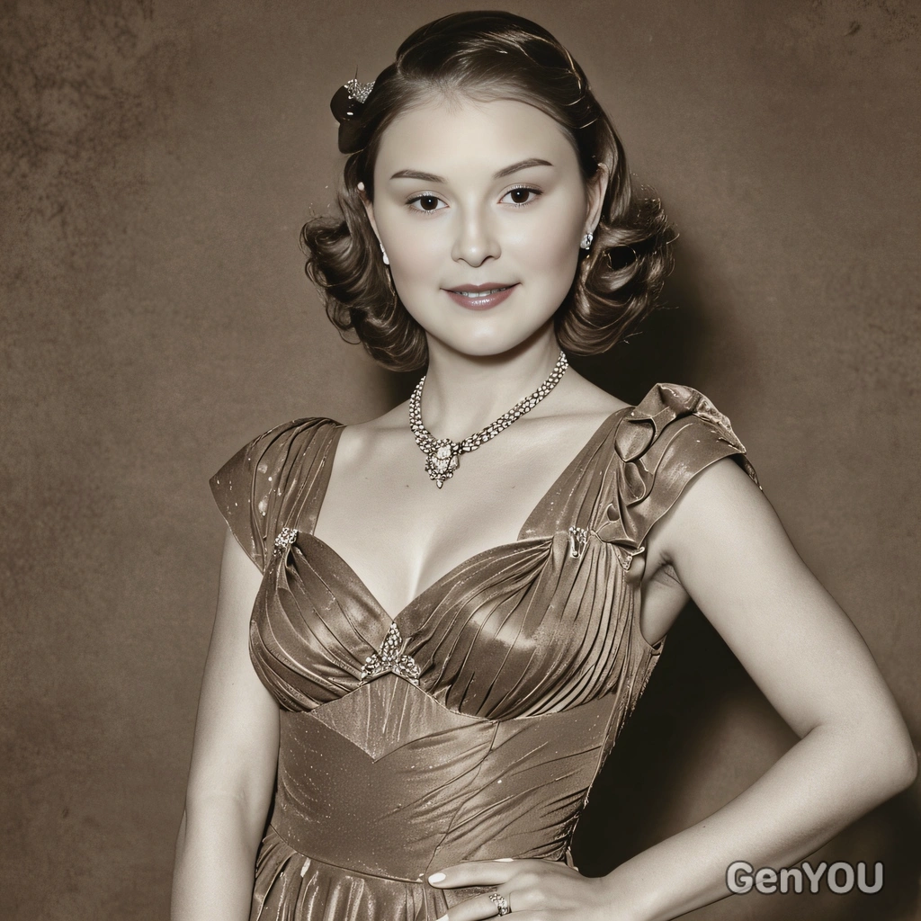 posed in a classic 1940s Hollywood starlet pose, wearing a glamorous evening gown, with a sepia effect