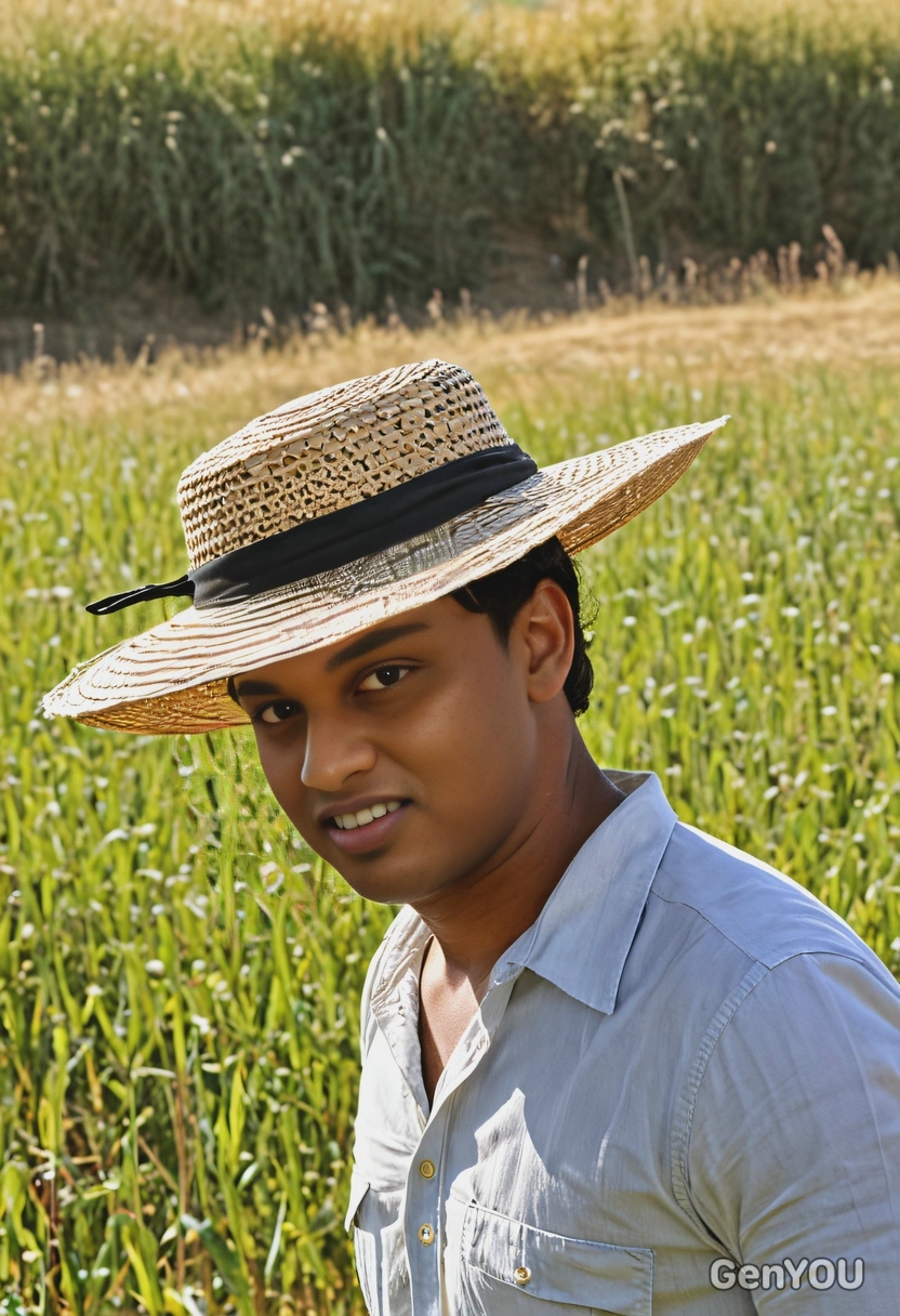 wearing a straw hat, walking through a sunlit meadow