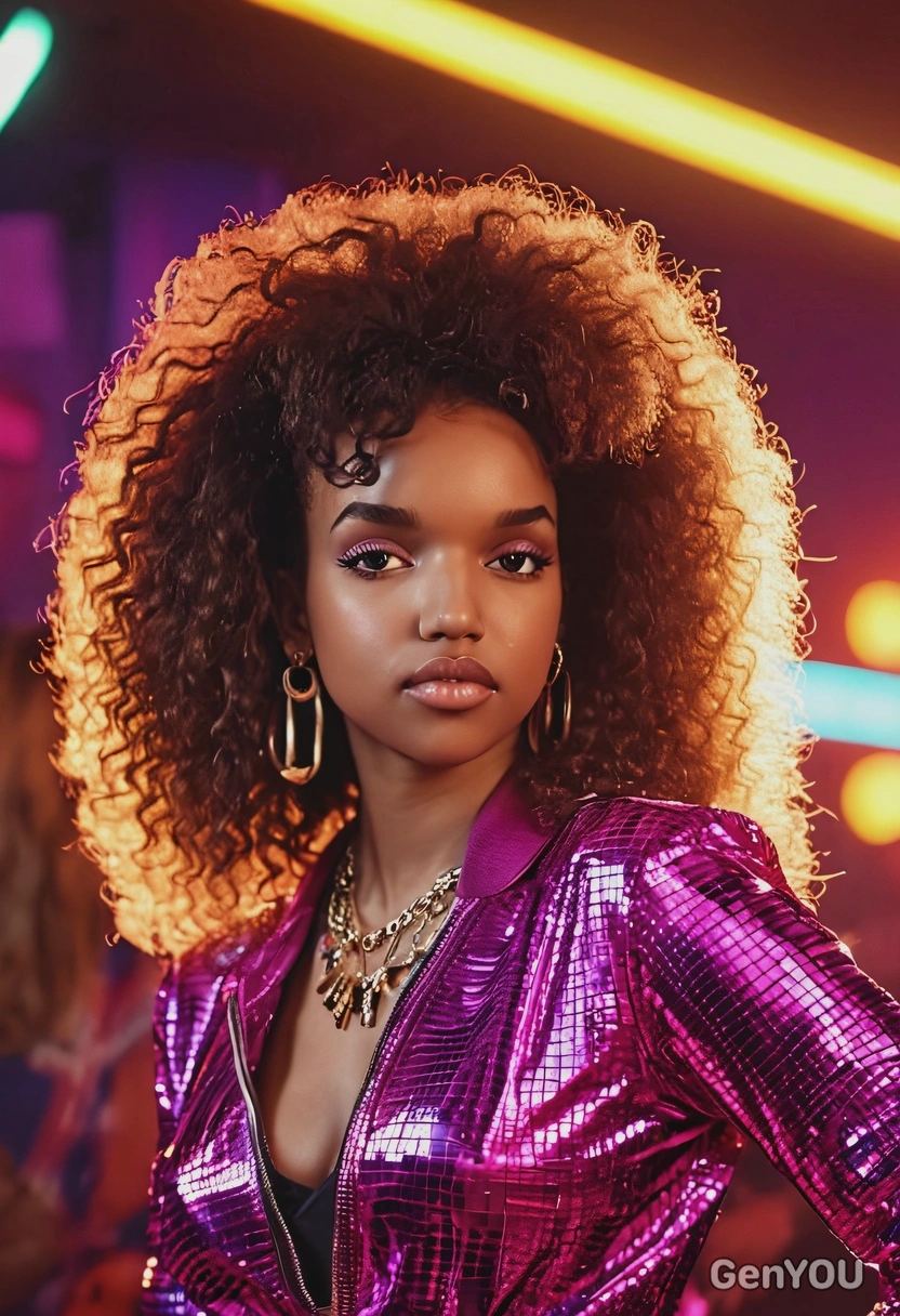 Retro 80s, pop icon with big hair, neon outfit, statement jewelry, blurry neon disco club background, golden hour