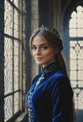 dark fantasy aesthetic, realistic skin texture, porcelain skin tone, hyperrealistic textured face skin, sharp high-quality, sharp focus on the face, closeup photo of medieval princess, wearing dark blue velvet luxury medieval outer garment, standing on the main hall of the castle, blurry background, morning sun rays from the window
