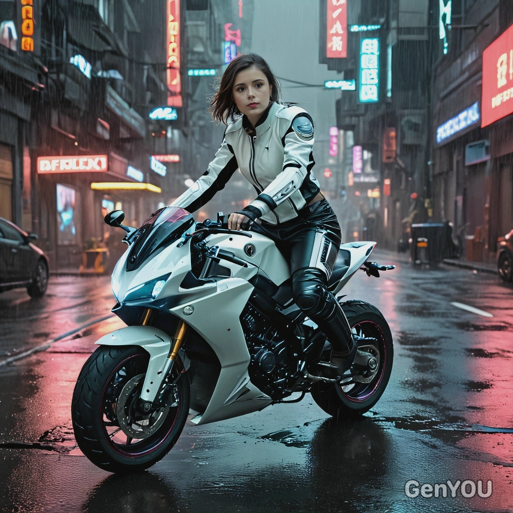 riding a futuristic motorcycle through rain-soaked, neon-lit street,  in cyberpunk outfit