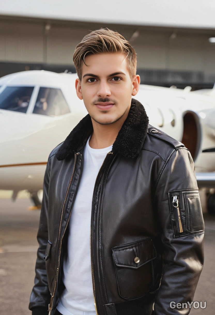in a leather aviator jacket, standing by a private jet, blurred background, soft focus