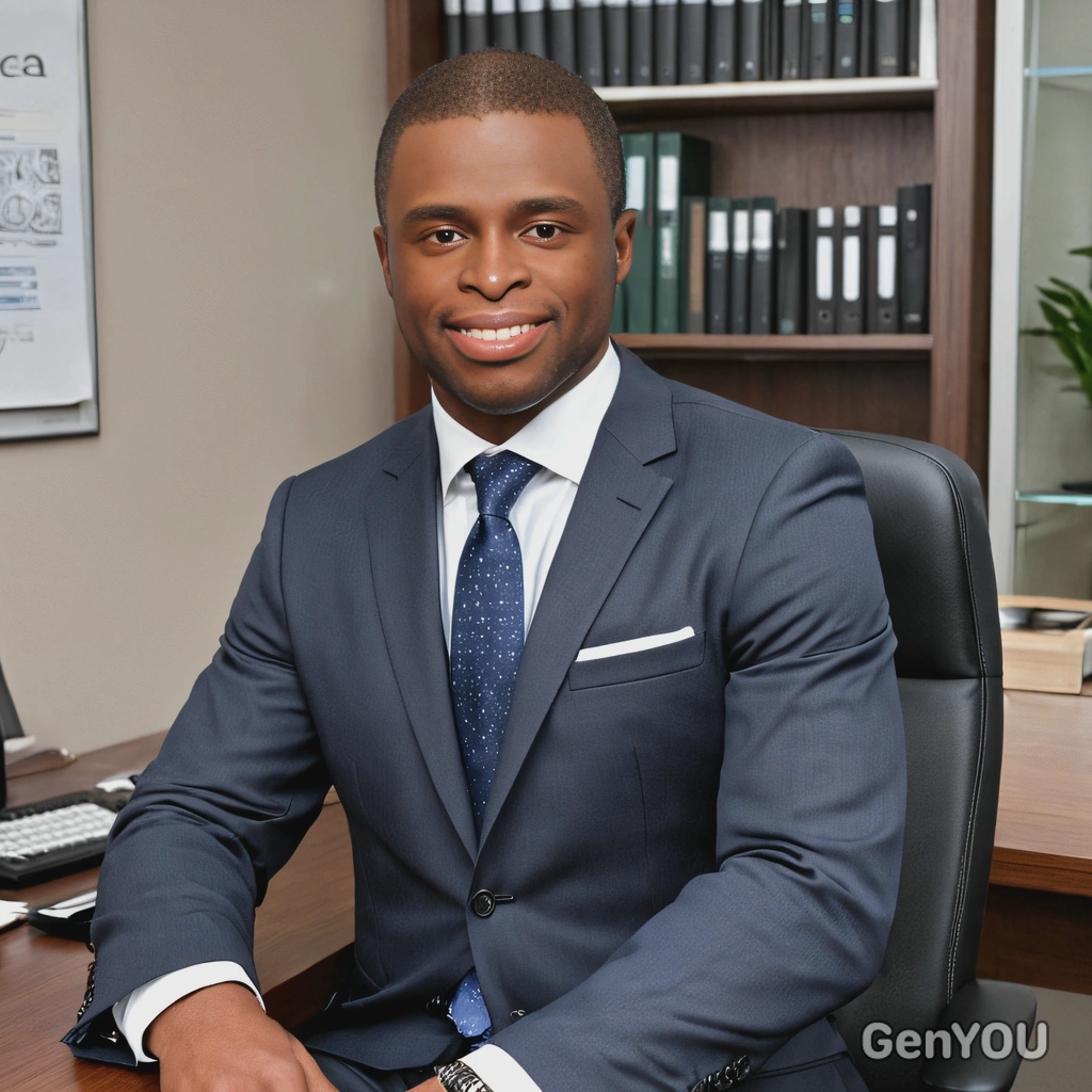 as a financial advisor in a professional suit, sitting in a sophisticated office