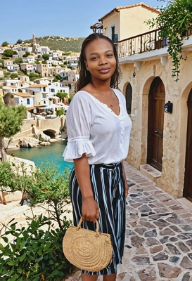 in a chic summer outfit exploring a Mediterranean village