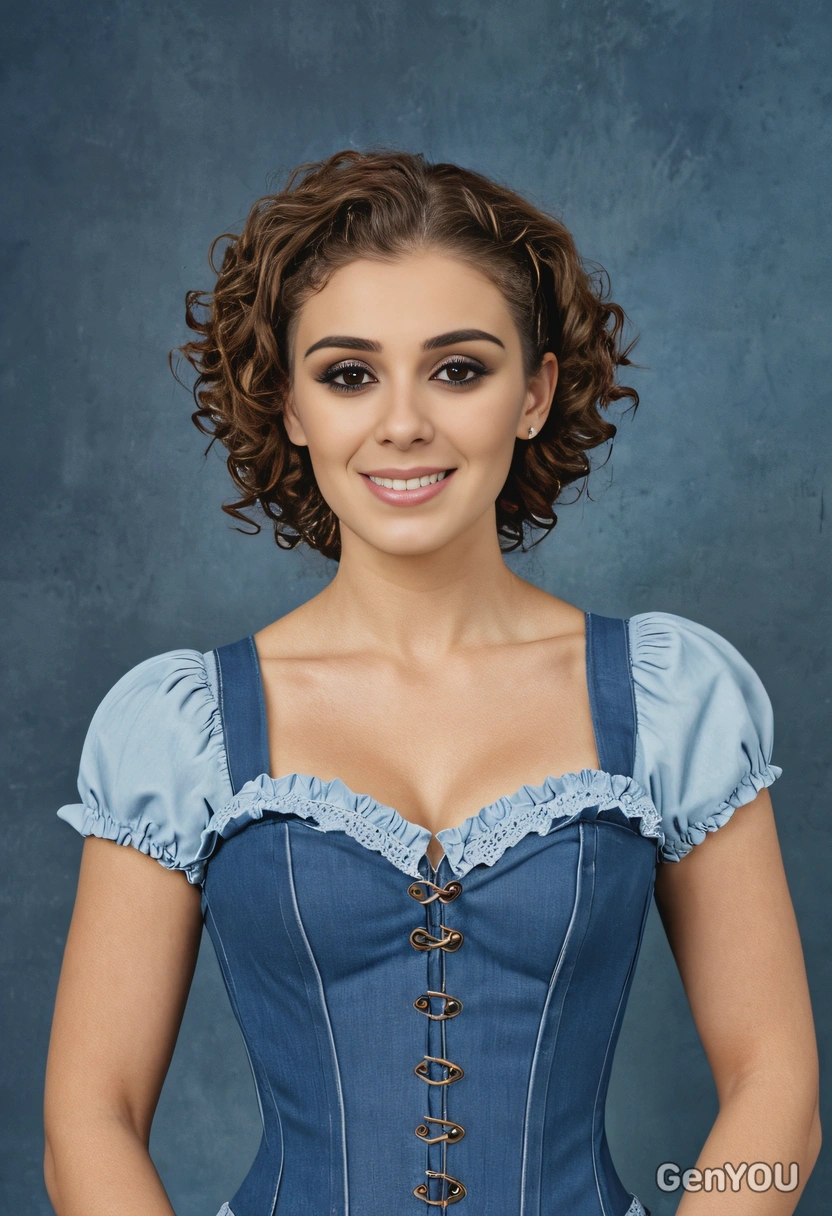 student with tight ringlet curls, wearing a light blue denim corset top, in a mid-length portrait against a classic blue yearbook background, waist up shot 