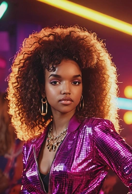 Retro 80s, pop icon with big hair, neon outfit, statement jewelry, blurry neon disco club background, golden hour