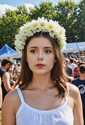 in a flower crown, at a music festival under a sunny sky