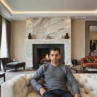 relaxing in a modern expensive room with grand fireplace, half body view