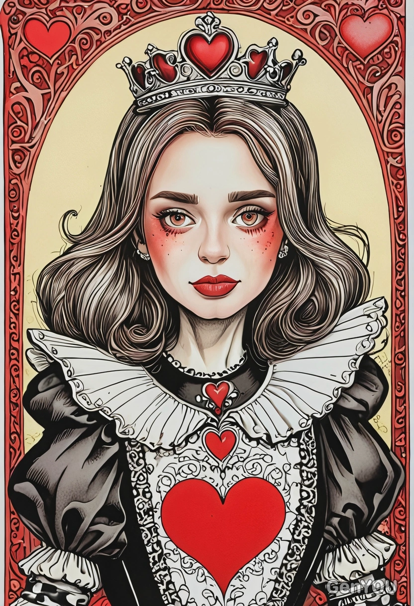 Hand-drawn flat cartoon style, ink outlines, Queen of Hearts from Alice in Wonderland, oversized cartoon eyes, royal temper glow lighting, waist-up portrait, card garden background
