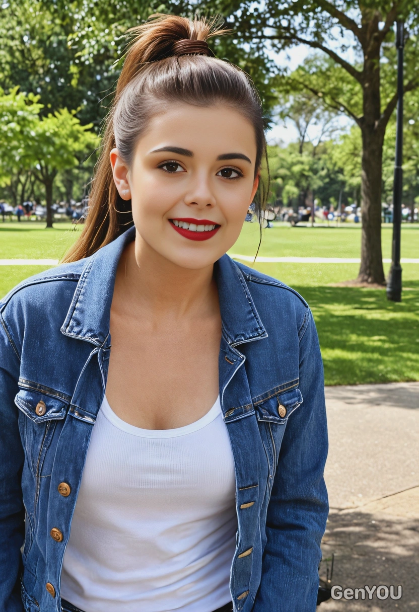 mid-shot, smiling, with a ponytail, in a casual denim jacket and white tank top, at a city park