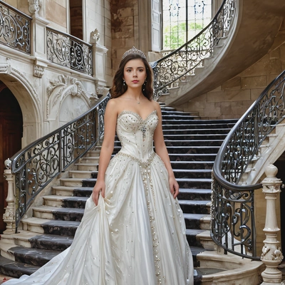 "princess by marble staircase inside majestic castle" - ideal for photogenic appeal