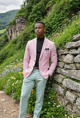 in a pastel-colored blazer and trousers, leaning casually against a rustic stone wall, with lush green hills and wildflowers stretching out behind him