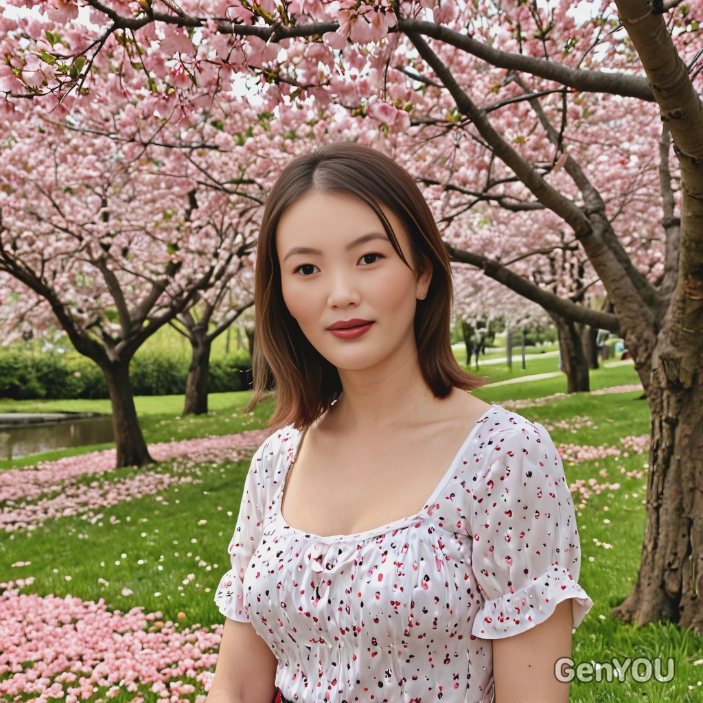 as a girlfriend standing under a cherry blossom tree, with soft petals falling around them in a serene park
