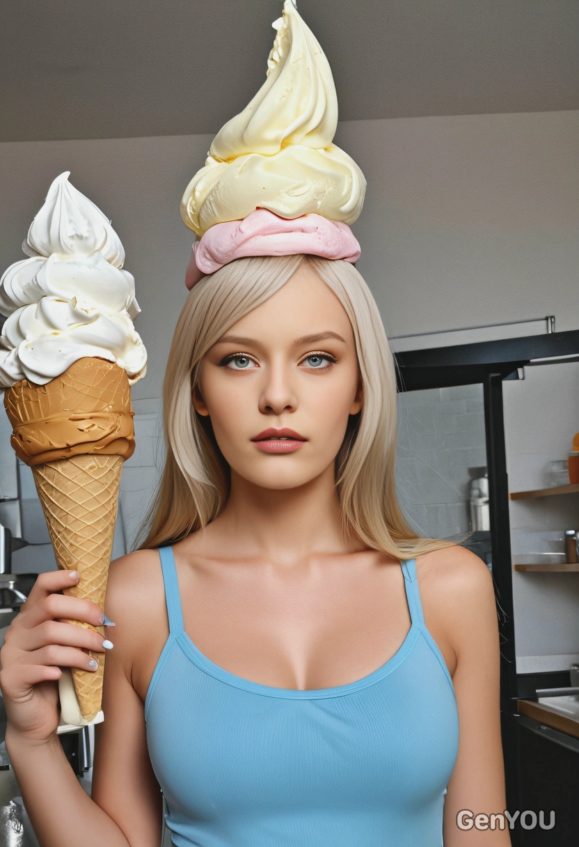 standing with an oversized ice cream cone, looking forward