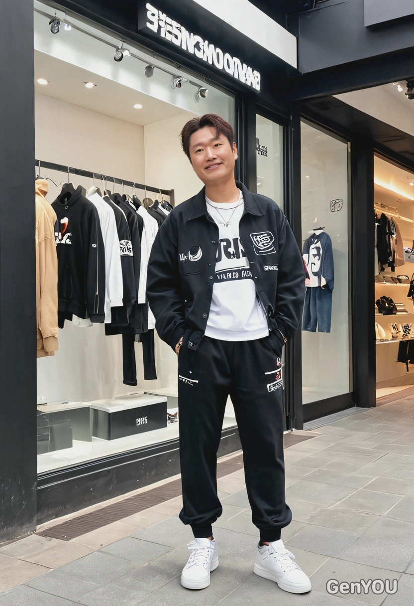 as a K-pop fashion enthusiast, wearing a K-pop idol-inspired streetwear outfit, standing in front of a trendy fashion boutique in Seoul