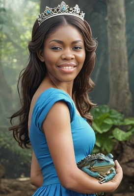 as a princess, wearing a blue dress, holding a giant toad, looking totally unbothered, blurred background, cinematographic style