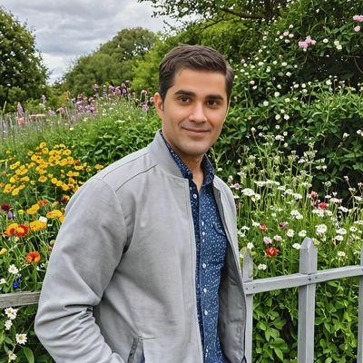 wearing a light grey jacket, leaning casually on a garden fence with wildflowers and trees in full bloom behind him