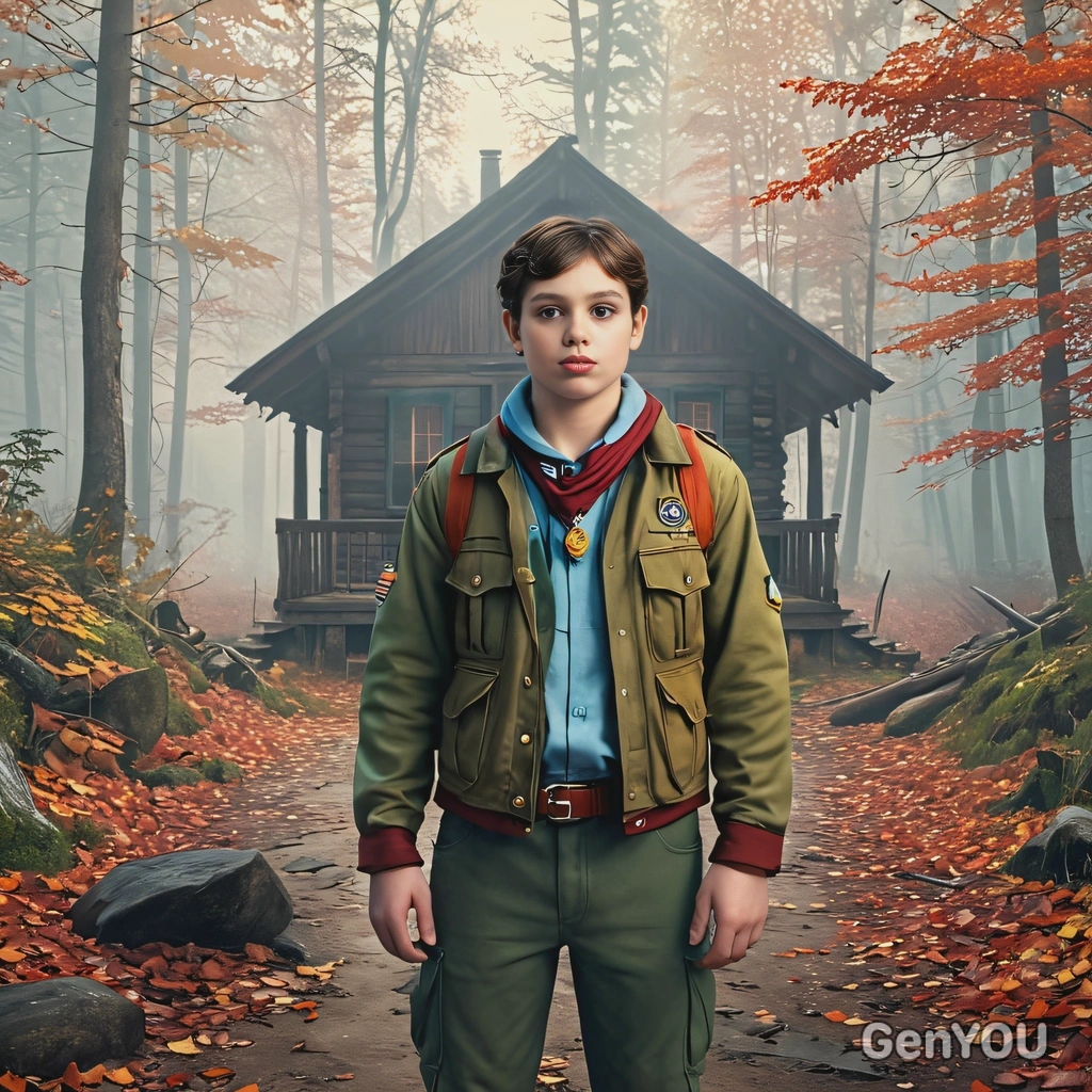 as a scout, standing at the edge of a mysterious foggy forest, old cabin on background, autumn, looking directly at you, vivid colors, symmetrical clothing details, video game style, high-quality stylized art