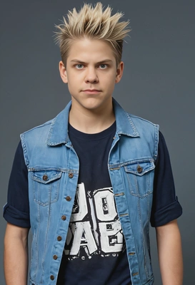 blonde student in a band tee and light blue denim vest with clear buttons, his hair in liberty spikes, mid-shot photo, murky blue yearbook background