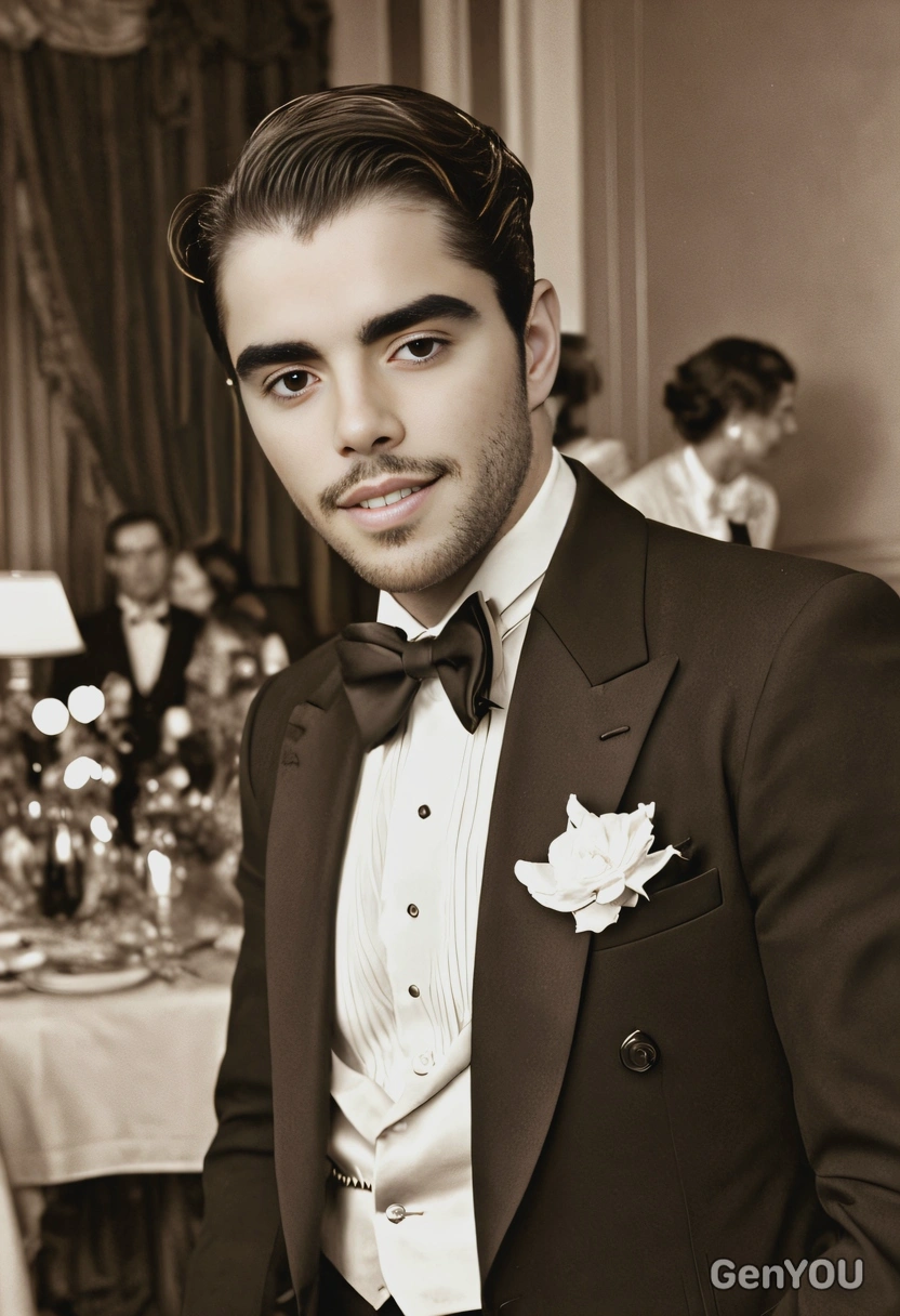 in a 1930s tuxedo, at a glamorous party, captured in sepia