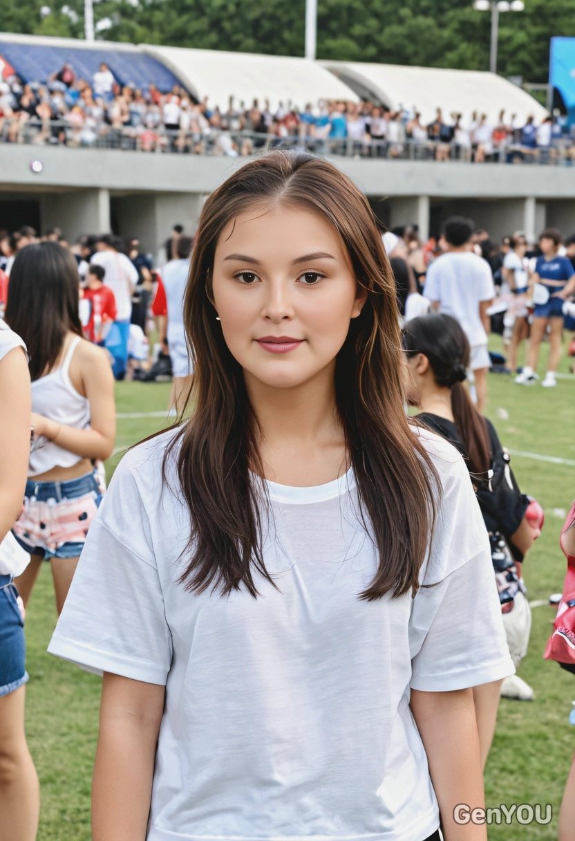 as a K-pop fan, dressed in casual summer clothes, waiting at the  K-pop summer festival concert at a large outdoor place