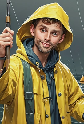 @me as a fisherman in a yellow raincoat, holding a fishing rod, accurately depicted five-fingered hand, looking into the camera, smiling, high-quality stylized art, cartoonish style, big round eyes, visible brushstrokes