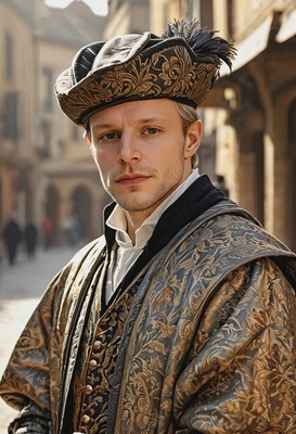 sharp textured face skin, Medici-style merchant in brocade coat, Renaissance-styled feathered cap, relaxed pose, blurry Renaissance-aged town background, morning sun rays